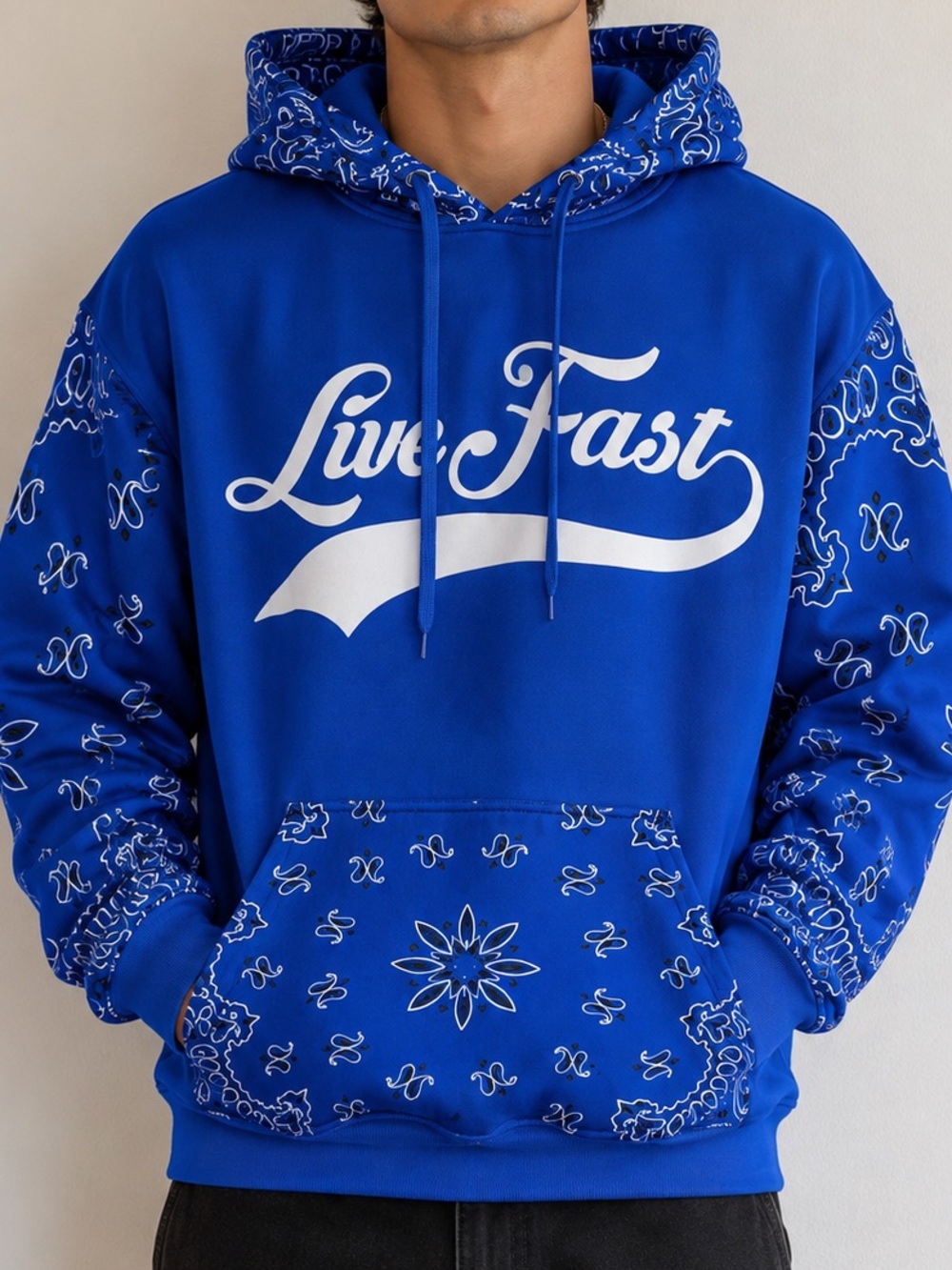 Live Fast Blue Bandana Print Hoodie Mens XL Streetwear Graphic Pullover Hoodie